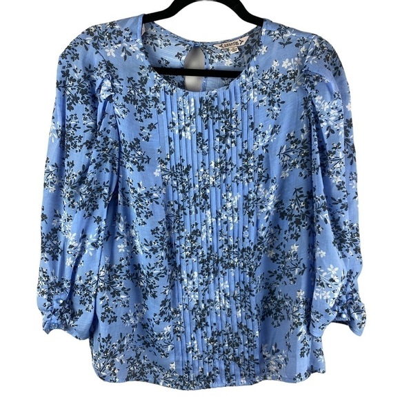 NANETTE Lepore Blue Floral Pleated 3/4 Sleeve Blouse Medium - Picture 3 of 12